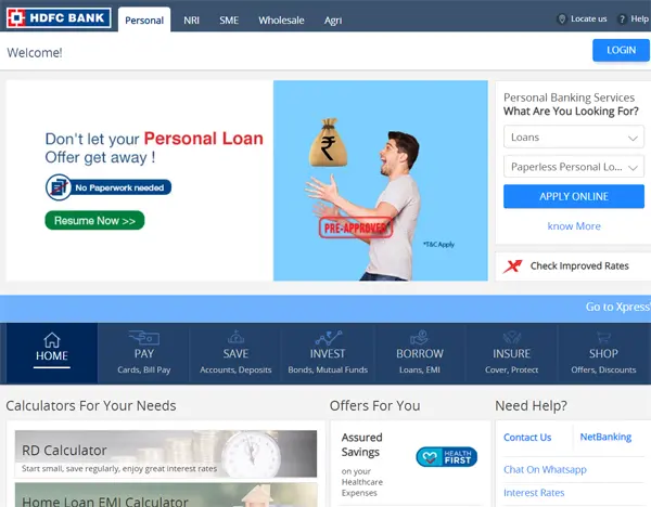HDFC Personal Loan website