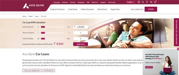 axis bank car loan website