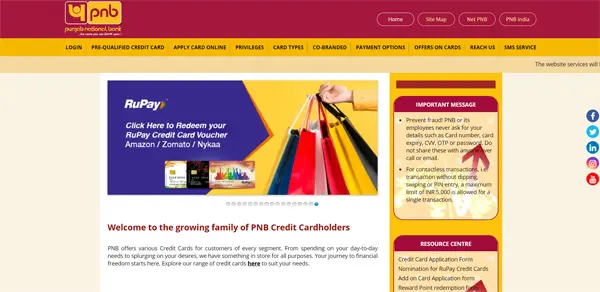 PNB Bank Credit Card website